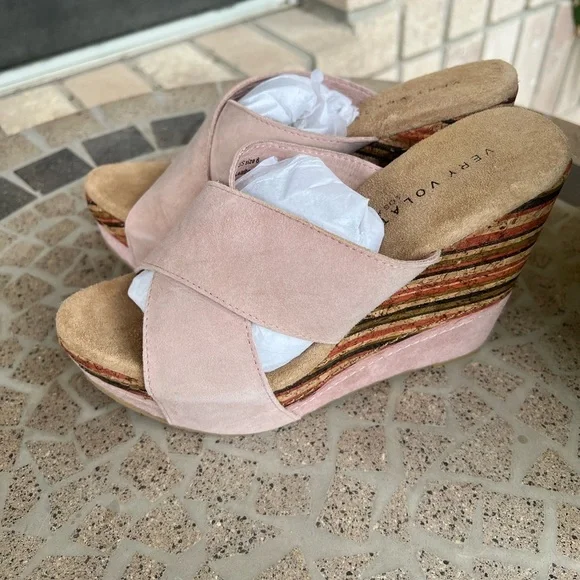 NIB Very Volatile Pink Suede Wedge Striped Cork Sandal 8 - Picture 2 of 7